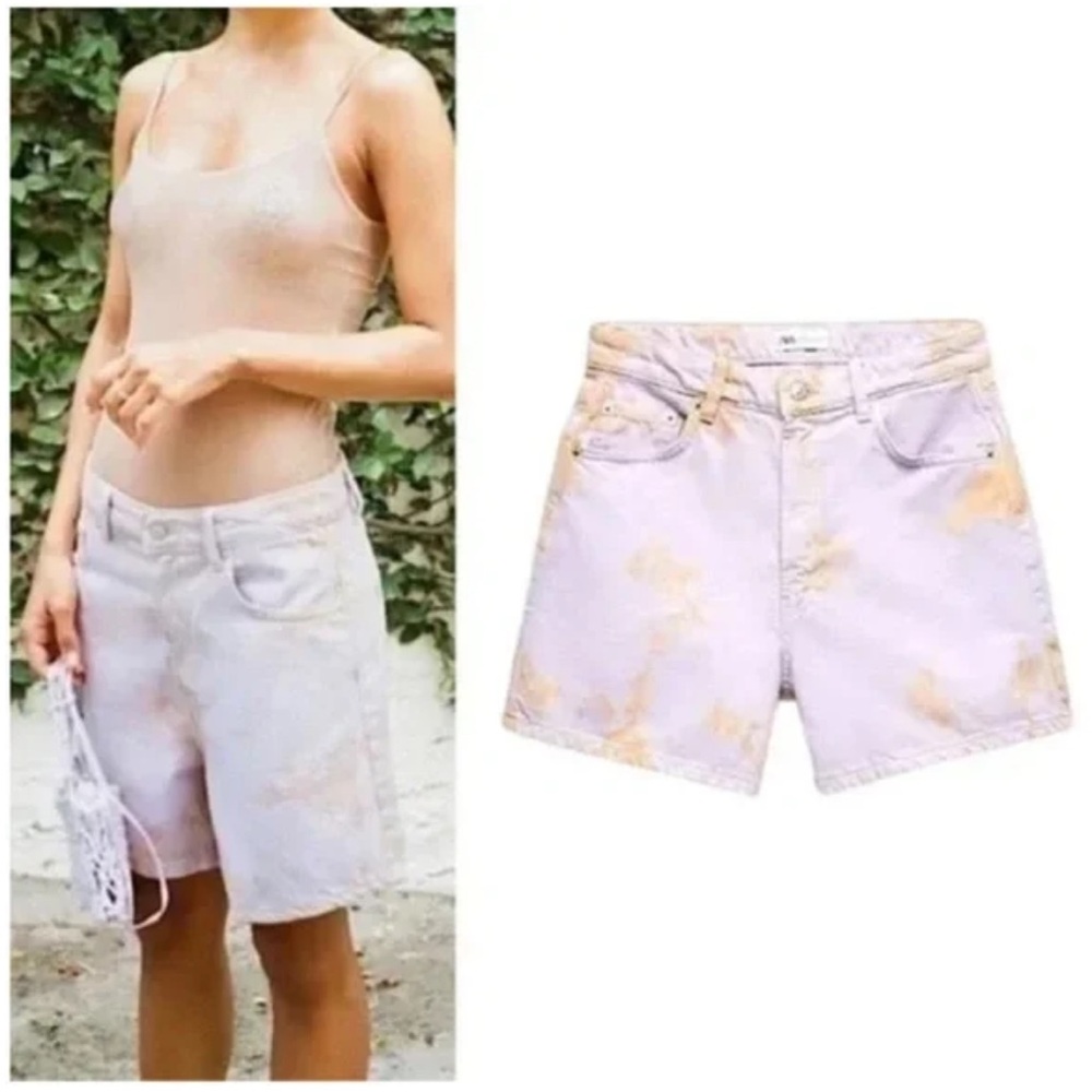 Zara Retro Tie Dye Purple Orange Denim High Rise Baggy Jean Shorts Size US 4